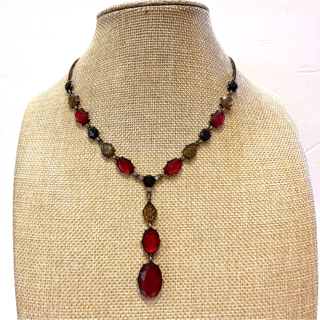 Carolina Herrera Necklace Lariat Style Antiqued Gold W Red Citrine Crystals 38$